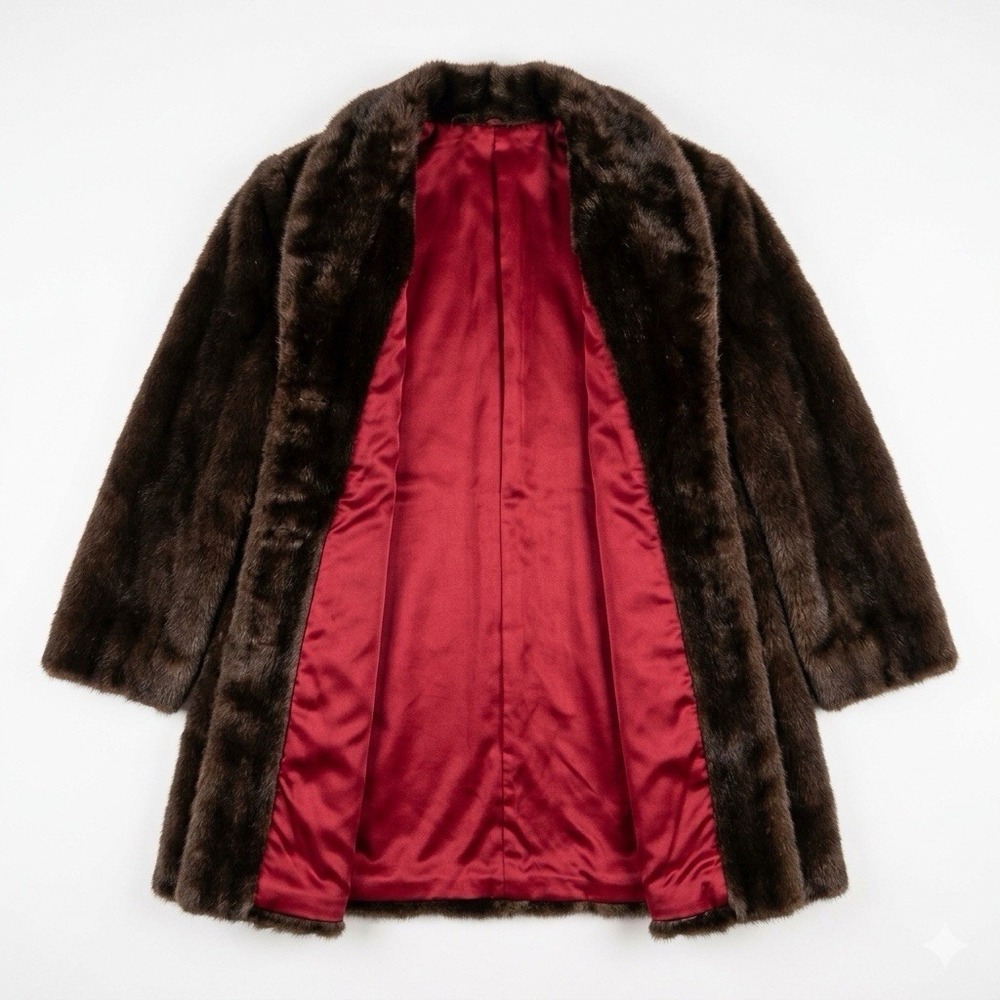 Vtg Faux Fur Coat Jacket Brown Plush Mink Style Red Satin Lining Made in USA XL